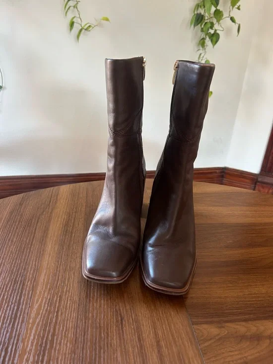 Franco Sarto Dark Brown Leather Ankle Booties with Block Heel - Picture 6 of 9